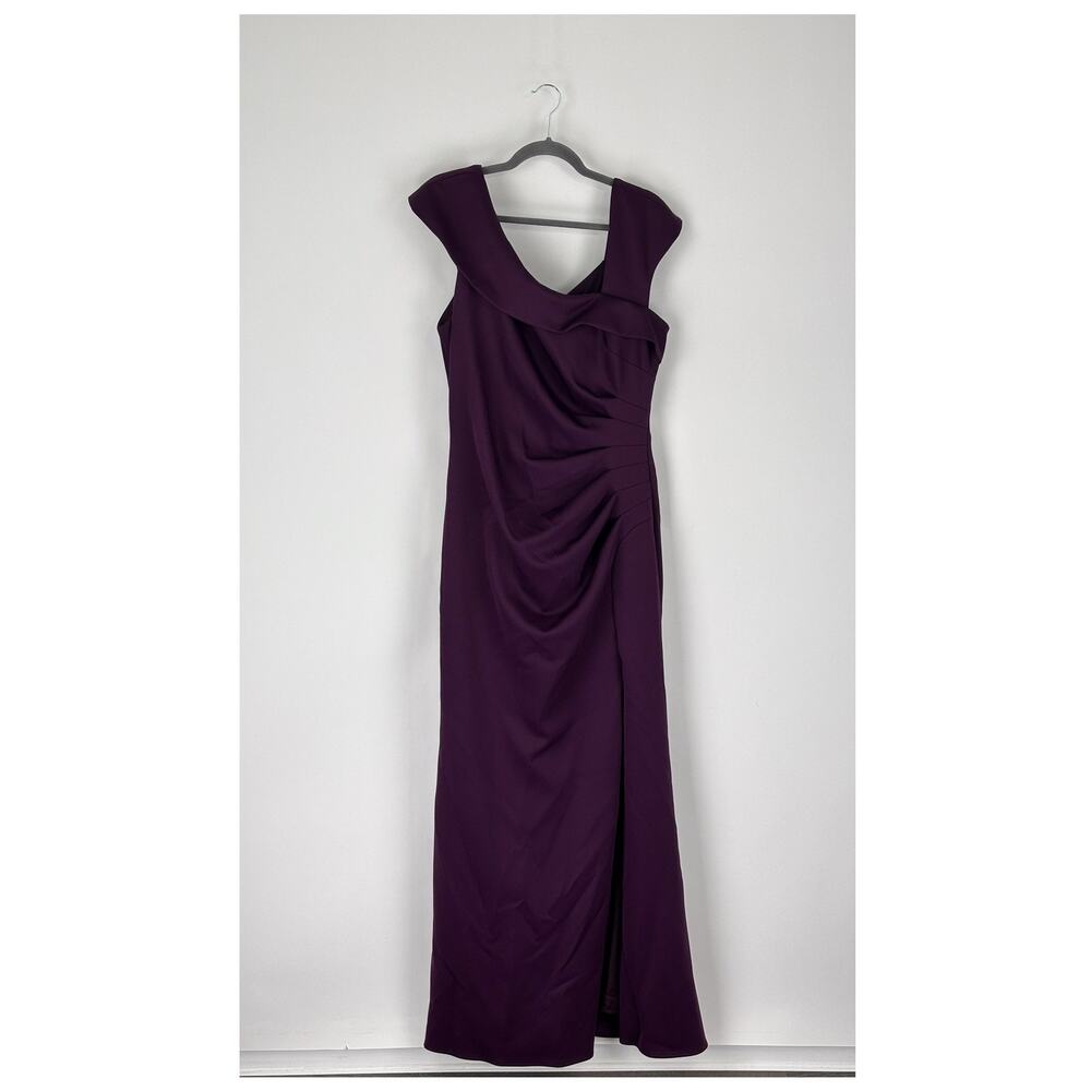 Xscape Lenore Techno Scuba Asymmetrical Neckline Maxi Dress Plum Womens Size 16 - Picture 4 of 12